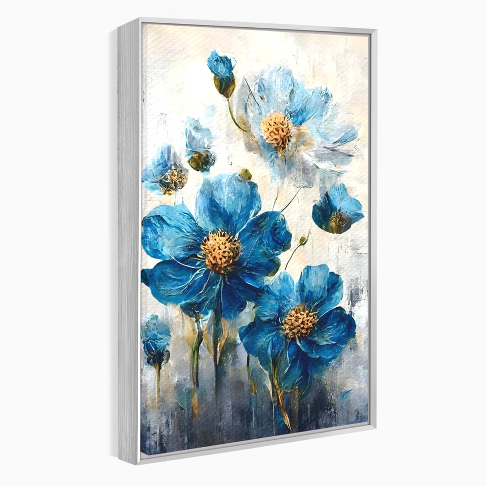 Tablou canvas cu pictura verticala cu flori albastre, in rama de aluminiu argintiu